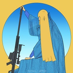 Calman Cover; Grafik einer Person mit langen blonden Haaren, die ihre Hand auf ein Gewehr stützt
