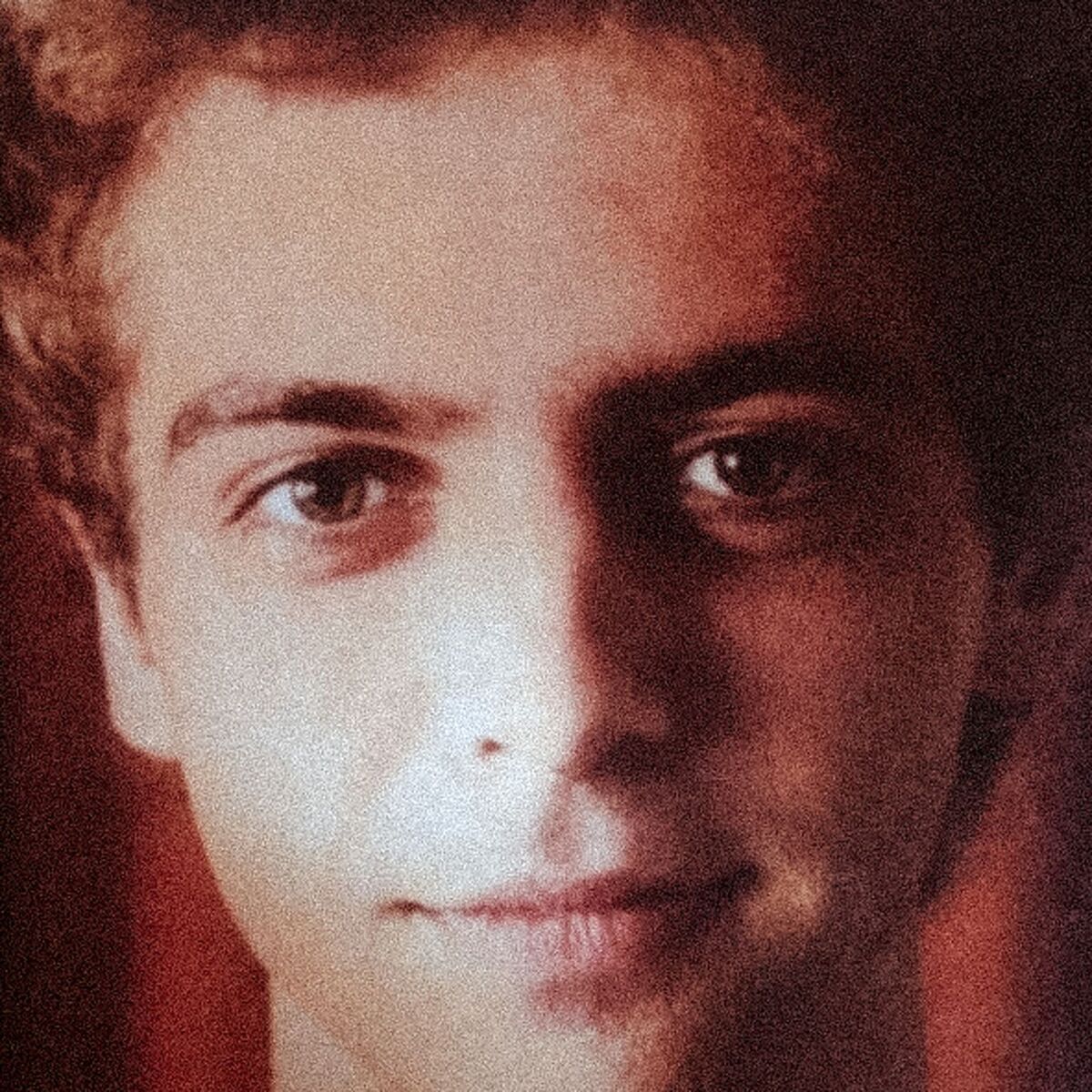 Albumcover von I SALUTE - How you like Me now; verrauschtes Foto von einem weißen jungen Mann mit braunen Augen, der in die Kamera schaut und kaum merklich lächelt