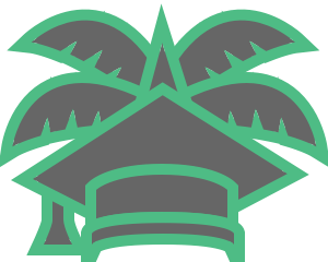 Unidschungel Logo. Ein Doktorhut verziert mit Palmwedeln in den Farben Mint und Dunkelgrau.