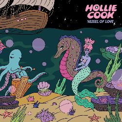 Albumcover von HOLLIE COOK- Stay Alive; gemalter Querschnitt vom Meer; über der Oberfläche ein Segelboot; darunter ein Krake, eine Meerjungfrau auf einem Seepferd, alle möglichen kleinen Pflanzen und Tiere, vor allem in grün/türkis/lila/blau-Tönen