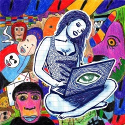 Albumcover SUPERORGANISM - Everybody Want To Be Famous, gemalt mit Buntstiften, eine Frau sitzt im Schneidersitz an ihrem Laptop, im Hintergrund sind absurde Bunte Gesichter und Muster