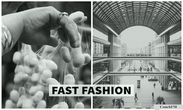 Bild in Schwarz-Weiß. Auf der linken Seite Hände, die Baumwolle pflücken. Rechts: Die Mall of Berlin.