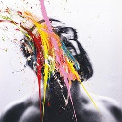 Cover von Blaudzun _UP_; Schwarzweiß-Foto eines schwarzen Mannes, darüber bunte Pinselstriche und Farbkleckse