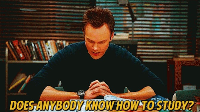 Bild eines Mannes der liest mit der Aufschrift "Does anybody know how to study?"