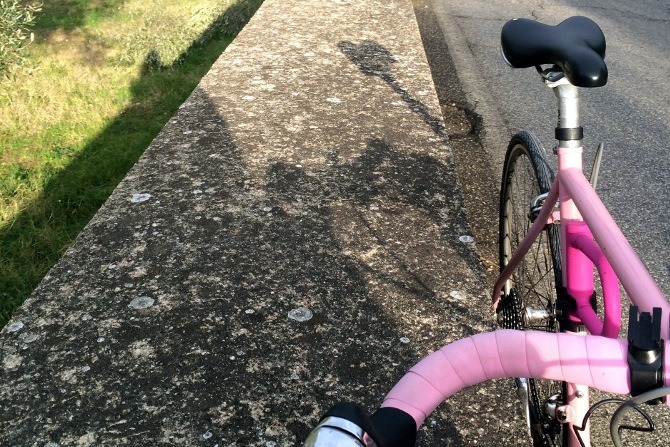 Rosa Rennrad steht auf dem Asphalt neben einem Grünsteifen.