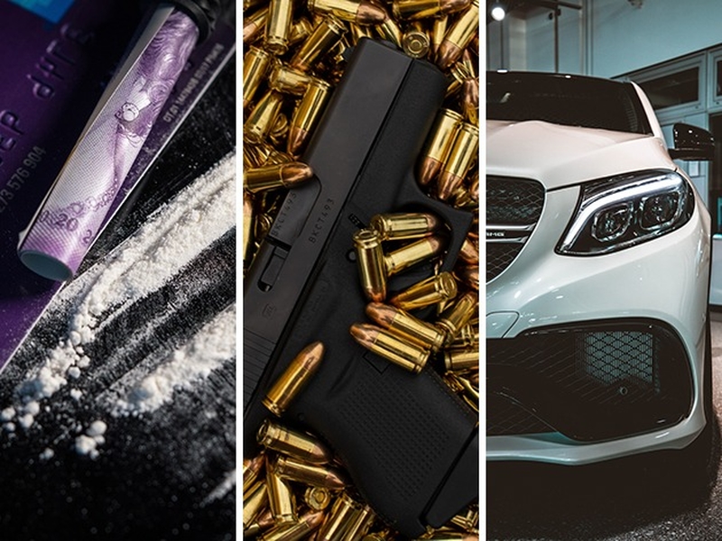 weißes Pulver mit Geldschein und Kreditkarte, Waffe mit Patronen, Mercedes-AMG