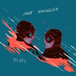 JARLE SKAVHELLEN – Pilots; gemaltes Bild von zwei Personen mit Fliegerhauben und Brillen vor blauem Hintergrund