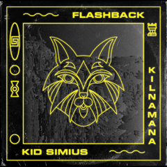 Cover von KID SIMIUS – Flashback (feat. KILNAMANA); gelbe Lineart von einem Luchs auf einem abgedunkeltem Bild von Bergen, im Rahmen darum runenartige gelbe Symbole