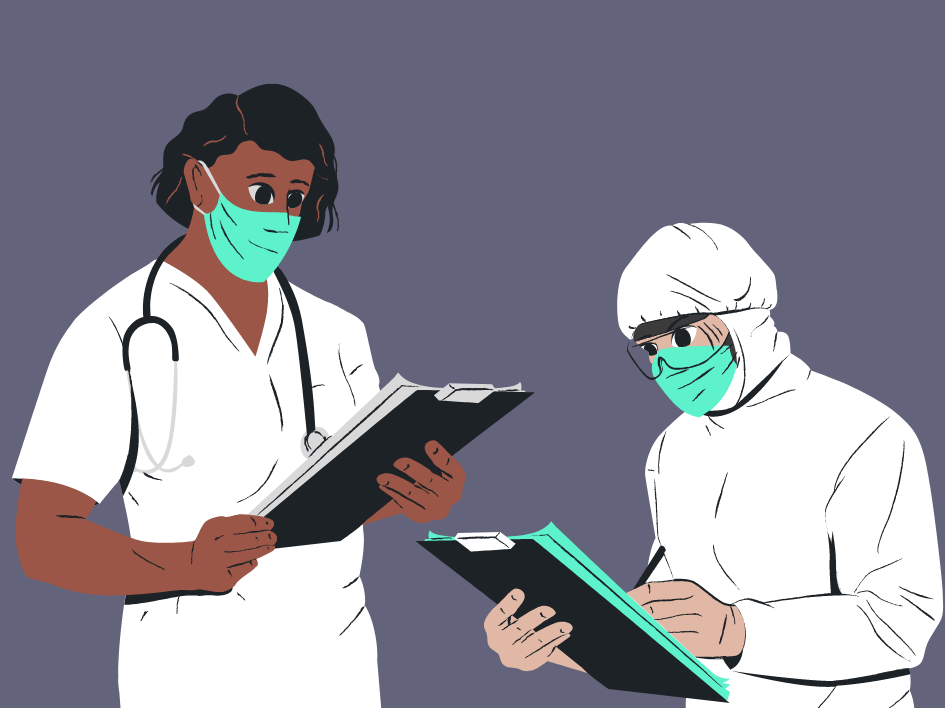 Grafik von zwei Pflegenden in weißer Kleidung mit Maske und Klemmbrett