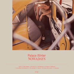 Albumcover von PALACE WINTER - Take Shelter; eine weiße Frau lehnt sich in einem gelben Auto über die Rückenlehne und sieht nach hinten, darunter Titel, Artist und Tracklist in roter Schrift