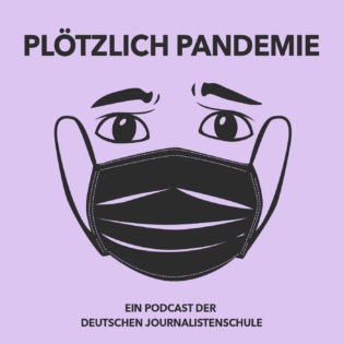 Lila Hintergrund mit stilisiertem Gesicht mit Mund-Nasen-Schutz. Promo-Bild des Plötzlich-Pandemie-Podcasts.