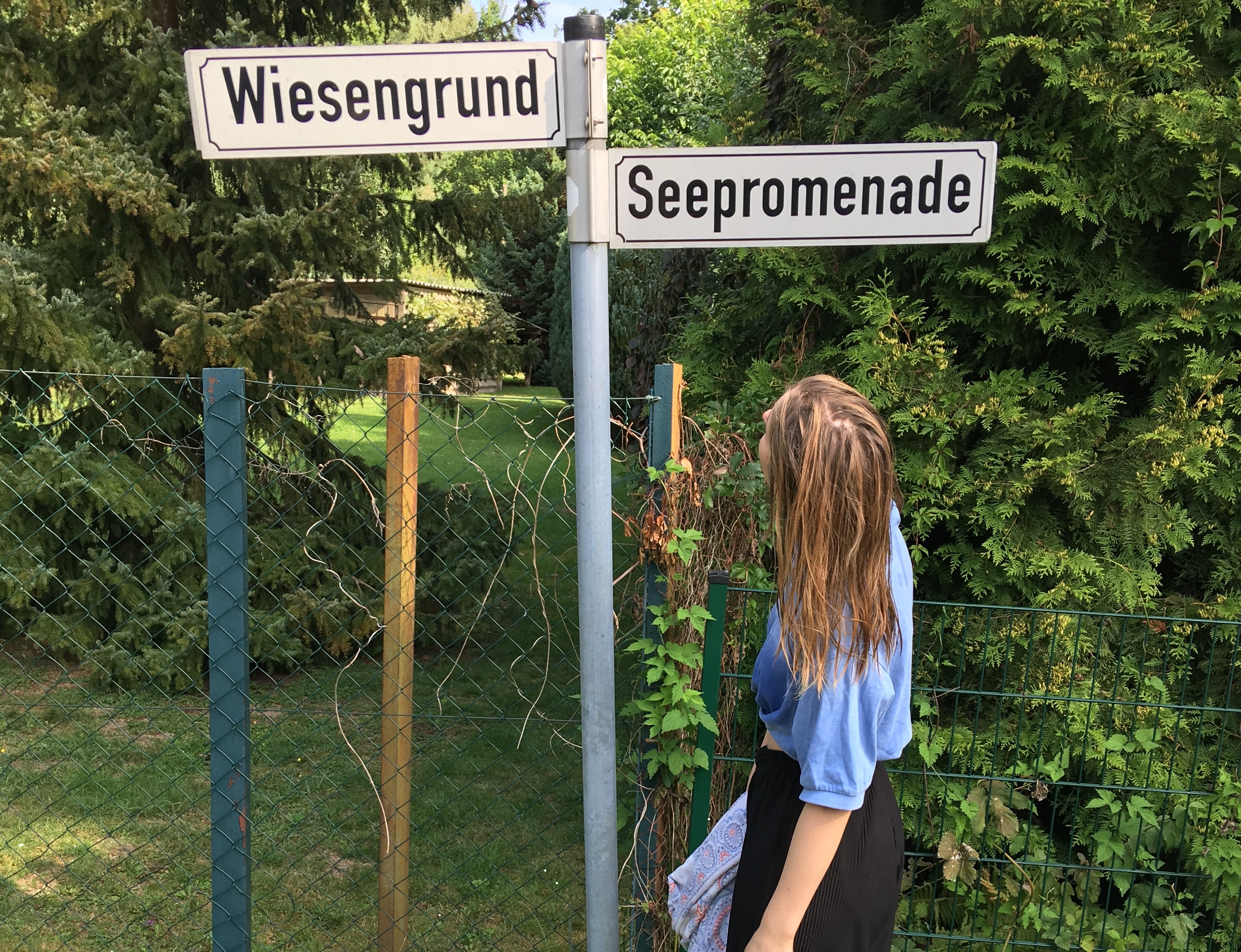 Frau betrachtet zwei Straßenschilder mit der Aufschrift "Wiesengrund" und "Seepromenade" auf einem Festival.