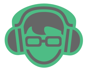 Musiknerds Logo. Ikonischer Kopf mit Kopfhörern in den Farben Mint und Grau.