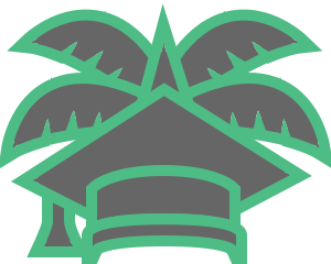 Unidschungel Logo. Ein Doktorhut verziert mit Palmwedeln in den Farben Mint und Dunkelgrau.
